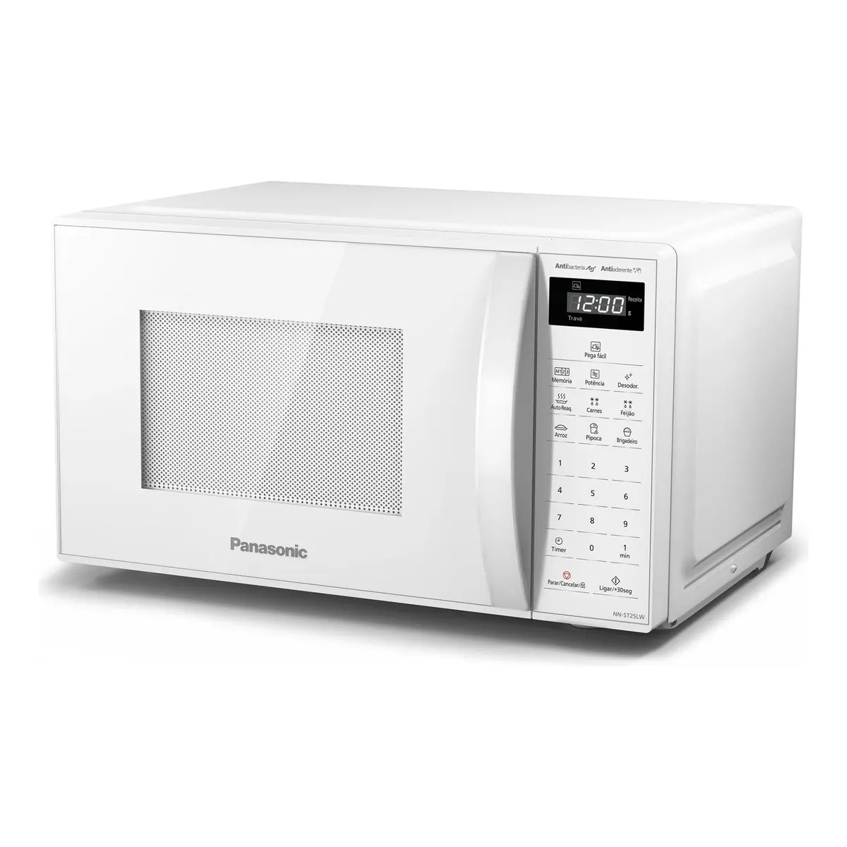 Micro-ondas Panasonic 21 Litros na cor branca, com painel digital frontal e porta de vidro, visto de ângulo lateral.