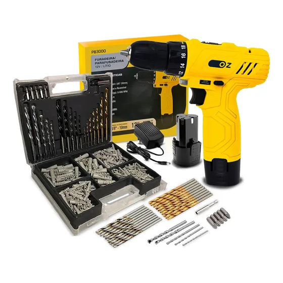 Furadeira Parafusadeira Bateria Pb3000 Oz 12v 3/8 Com Jogo De Acessórios Brocas E Buchas 300 Peças