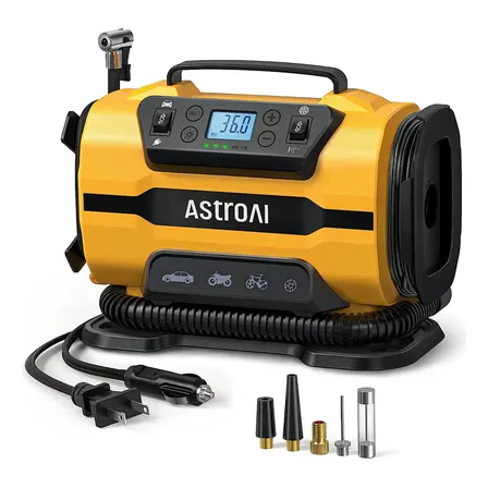 Bomba Compressora De Ar Portátil Astroai Para Calibrar Pneus 150 Psi 12 V Cc/110 V Ca Com Motores Duplos De Metal E Luz Led, Acessórios Automotivos E Dois Modos Para Carros Amarelo 12v Bifásica