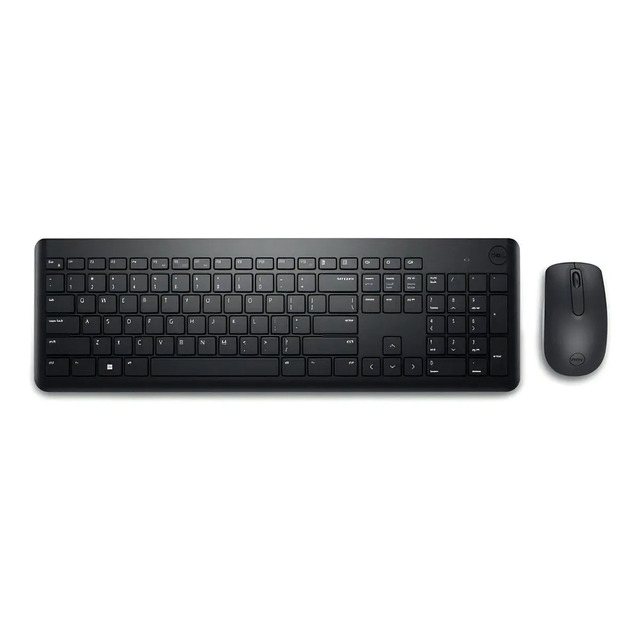 Kit de teclado e mouse sem fio Dell KM3322W na cor preta, exibindo o layout do teclado e o mouse óptico ao lado