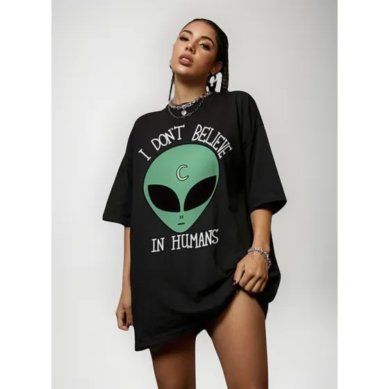 Camiseta Feminina Oversized Alien Et Geek Nerd Estilo De Rua