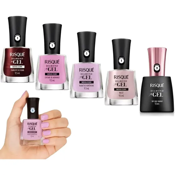 Kit 5 Esmaltes Risque Diamond Gel Nova Cor Charlotte Ballet Cupcake Buquê E Top Coat
