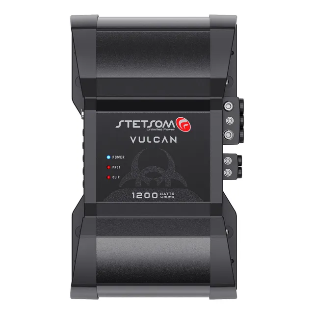 Módulo Stetsom Vulcan 1200.1 Amplificador Mono Full Range 10Hz ~ 15KHz 1200W RMS em 4 Ohms Entrada RCA 1 Canal 1200W em 12.6v e 1600W em 14.4v com HPF e LPF – Atende Sub, Woofers, Driver e Tweeter