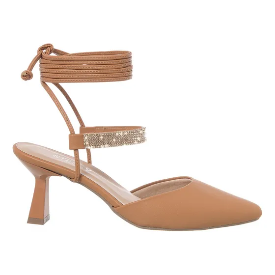 Scarpin Bico Fino Salto Taça Baixo Strass Amarrar Confort