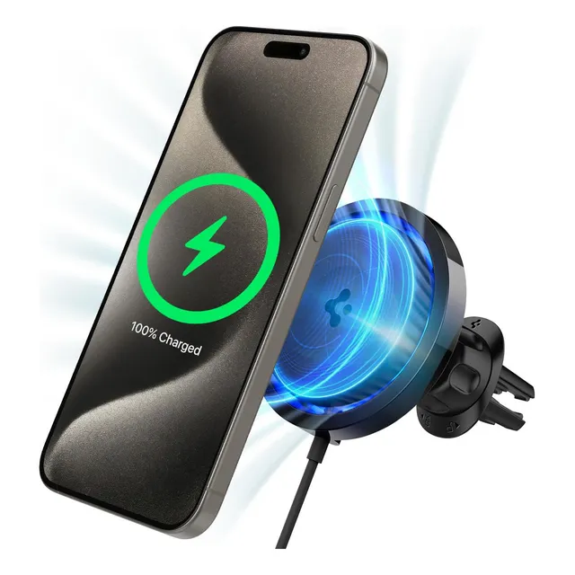 Soporte para Celulares Spigen Negro con Fijación Imán y Sopapa para Rejilla de Ventilación, incluye Cargador. Ideal para Vehículos.