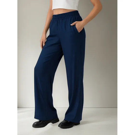 Pantalon Recto Ancho De Modal Con Elastico En Cintura Talles