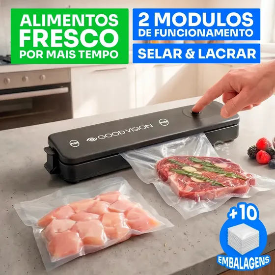 Seladora A Vácuo Para Alimentos Portátil Domestica Com 10 Sacos Digital 20cm Desligamento Automático Potencia 90w Bivolt Cor Preta - Good Vision