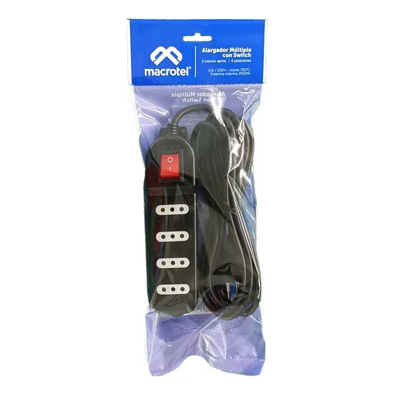 Alargadores Zapatilla 4 Tomas Corriente 3mts Macrotel ME-069B Color Negro