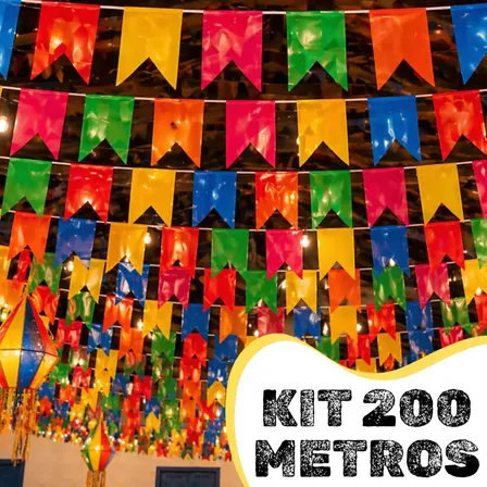 Kit 200m Bandeirinhas Festa Junina Plástico Resistente Decoração São João Colorido
