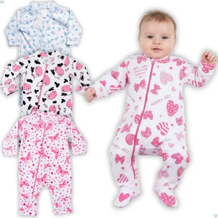 Kit 3 Macacão Bebê Estampado Algodão Zíper Tamanho Único Menina Estampados Único