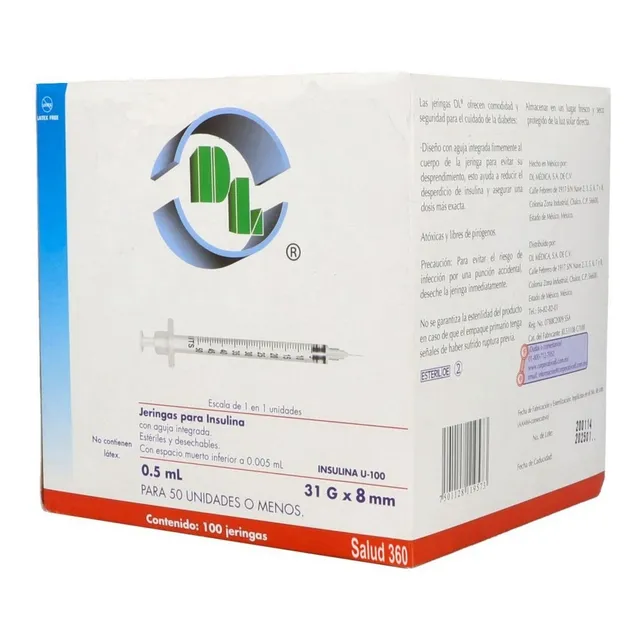 Jeringa De Insulina Dentilab 0.5 Ml C/ Aguja 31gx8 Caj C/100