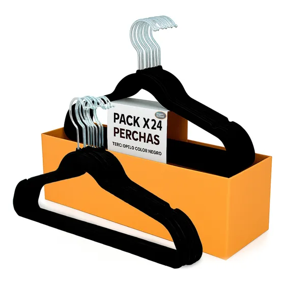 Set Pack X24 Unidades Perchas De Terciopelo Hogar Actual Antideslizantes Color Negro Con Gancho Giratorio