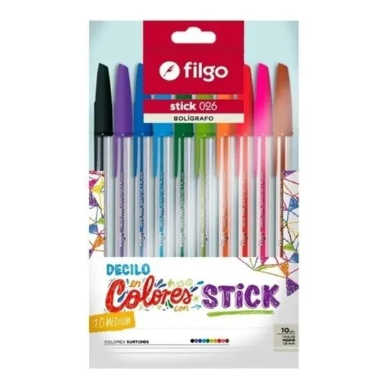 Lapicera Boligrafo Stick 026 Colores Surtidos X10 Filgo Tinta Multicolor Exterior Transparente
