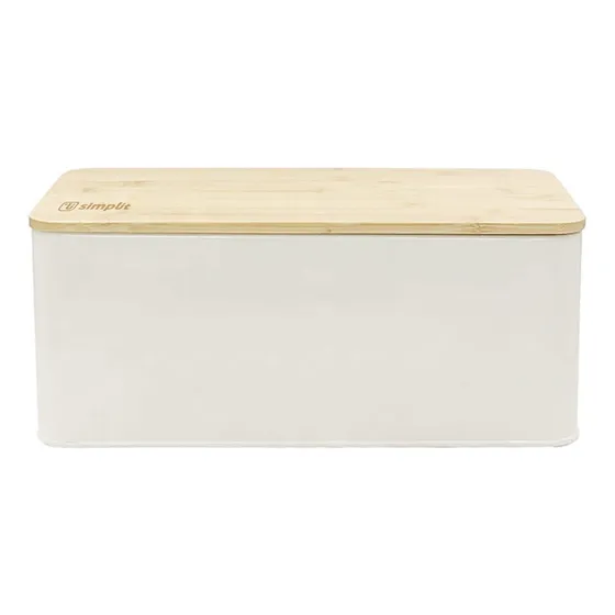 Panera Metálica Con Tapa Bamboo Blanca Simplit