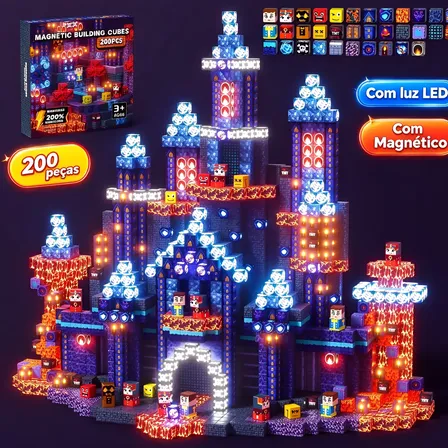 Kit 200pcs Blocos Magnéticos Brinquedo De Montar Com Luz Led 200 Castelo