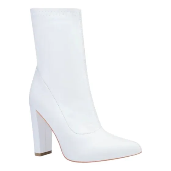 Botas Botin Tipo Calcetin Punta Picuda Stretch Blanca Tacon