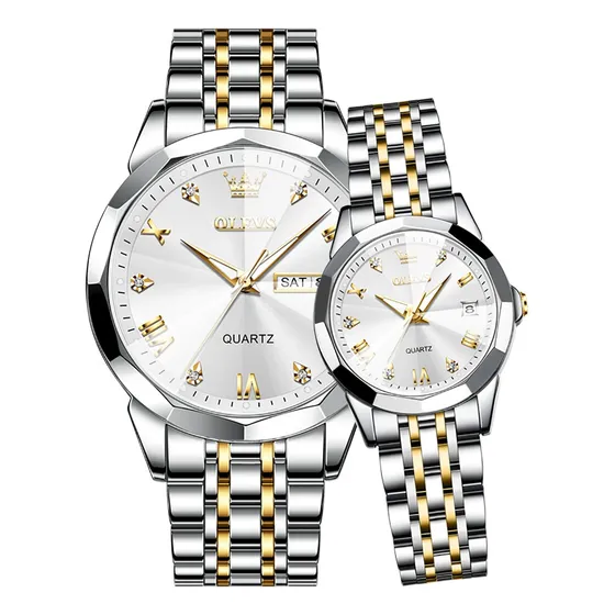 Reloj De Pareja Olevs Calendar De Lujo De Acero Inoxidable,