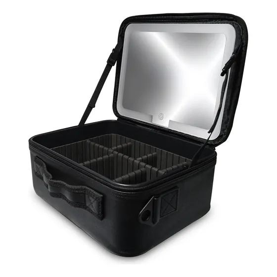 Estuche de maquillaje profesional con espejo y luz LED, color negro