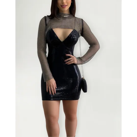 Blusa Cropped Sobreposição Brilho Strass Tela Arrastão Shine