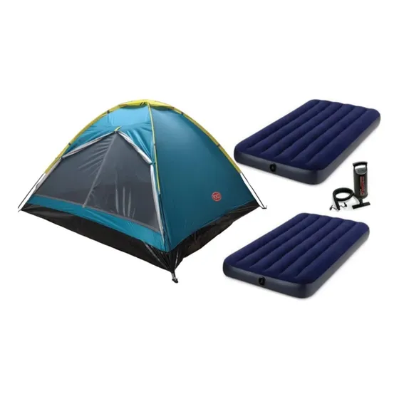 Combo Carpa Foco Domo + 2 Colchon Intex 64757 + Inflador Color Azul Y Amarillo