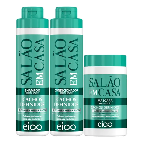Eico Tratamento Salão Em Casa Cachos Definidos Shampoo Sem Sal 800ml Condicionador Leave-in 750ml + Máscara Hidratação 1kg Cacheados Crespos Ondulados