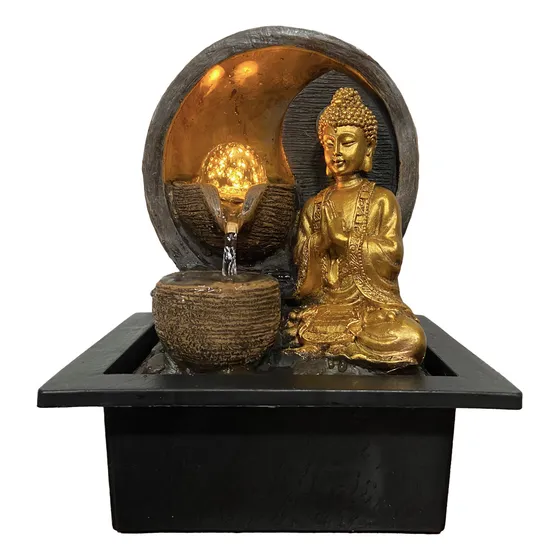 Fonte De Água Decorativa Mesa Buda Templo Globo E Led 25cm