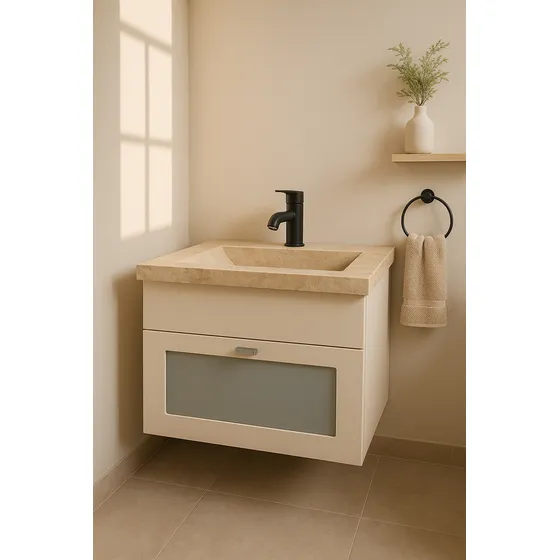 Vanitory Colgante 50cm + Bacha Travertino + Griferia 