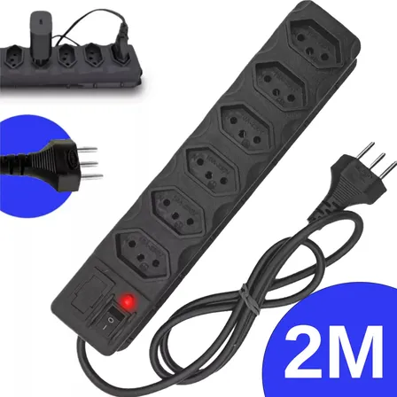 Régua Extensão Elétrica 6 Tomadas Filtro Linha 10a Cabo 2 Metros Preto 127/220v