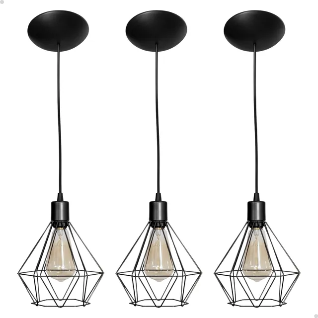 Kit 3 Luminária Pendente Aramado Diamante Preto Cabo Preto