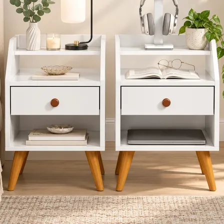 Kit 2 Mesas De Cabeceira Gaveta Prateleira Retrô Compacta Brilhante Branco