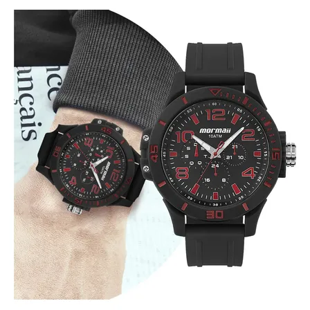 Relógio Masculino Analógico de Pulso Preto e Vermelho Redondo Grande Casual com Calendário Mormaii Mo6p29as/8r