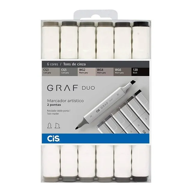 Kit Caneta Marcador Cis Graf Duo 2 Pontas 6 Cores