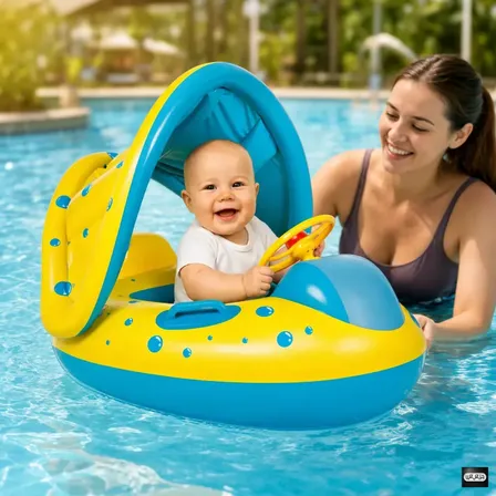 Boia Bote Bebê Infantil Inflável Piscina Praia Carrinho Cobertura Proteção UV Solar Removível Assento Ergonômico Flutuante Com Alça PVC 70 cm 6 Meses a 3 Anos Peso Máximo 15 kg Azul UGGLA