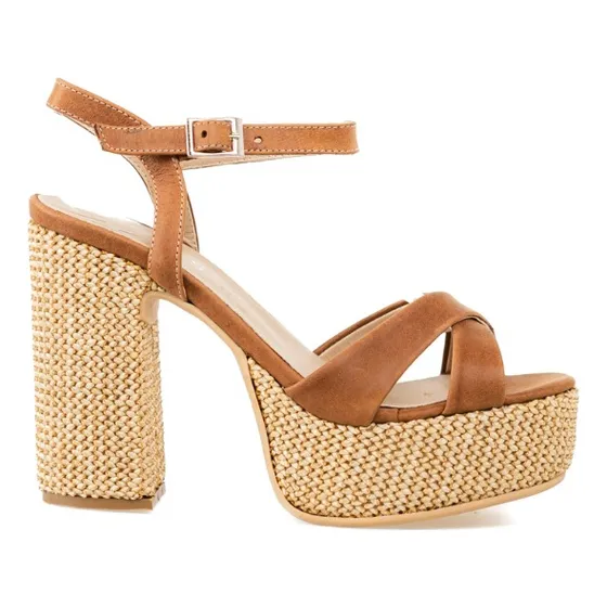 Sandalia Taco Alto De Yute Y Tira Cruzada Suela  Naeli Heyas