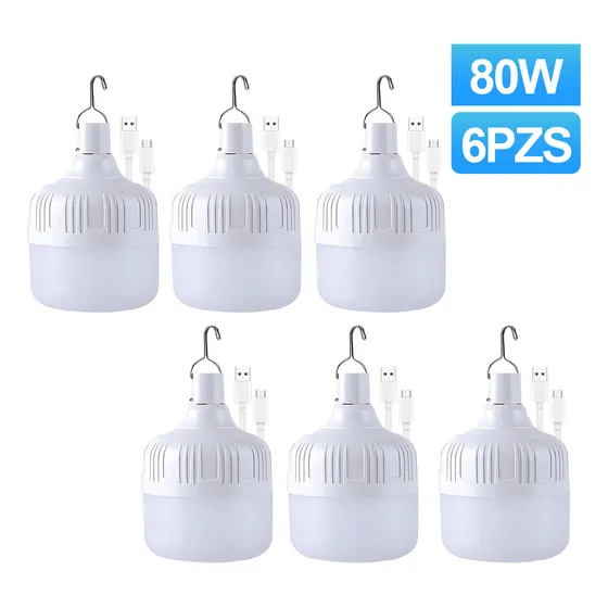 Naiwant® 6pzs Lámpara De Emergencia Recargable Usb Foco Led 80w Color Luz Blanca Pack 6 Lámpara Blanco Frío 5 Modos De Iluminación