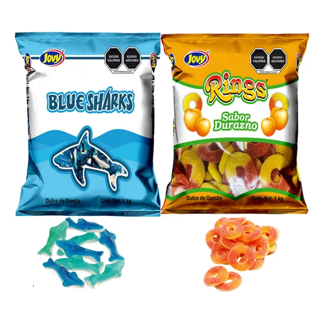Gomita Tiburon Azul Mora + Aros Durazno Acidito Jovy 2pack