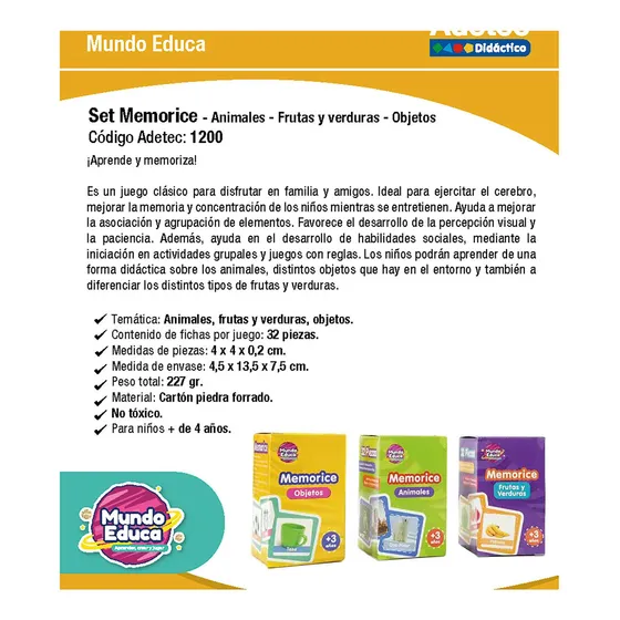 Set 3 Memorice Animales-frutas Y Verduras-objetos Adetec