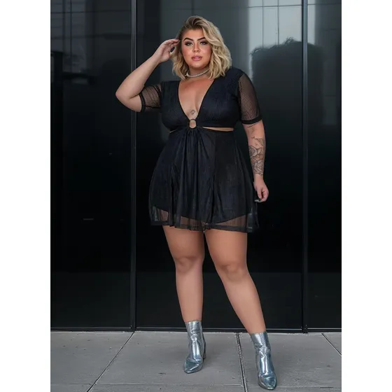 Macaquinho Manga Curta Festa Balada Plus Size Maravylhosa