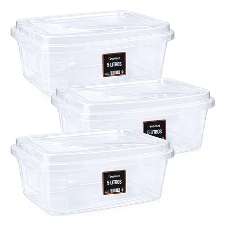 Kit 3 Caixas Organizadoras 5l Transparente Com Tampa E Trava Transparente Lisa