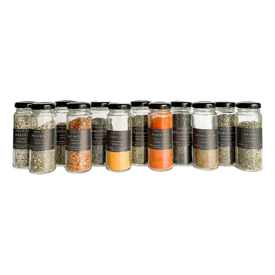 Set X 12 Especieros Vidrio Tapa Metálica Etiqueta A Elección