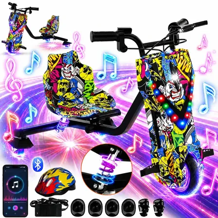 Patinete Elétrico Triciclo Drift Infantil 350W 36V Bluetooth LED 3 Velocidades Motor Brushless Luzes RGB Freio Manual Capacete Kit Proteção Bateria Lítio Ajustável Até 100kg Graffiti