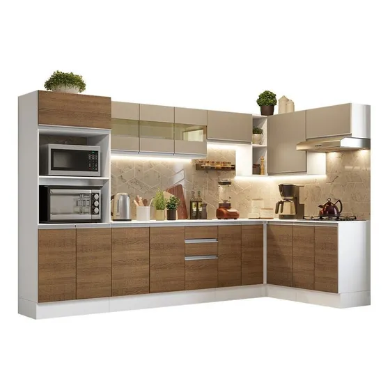 Armário De Cozinha Completa Modulada 100%mdf 447cm com Balcão para Cooktop Madesa Smart Br02 Cor Rustic/Branco/Crema GCSM448002A9