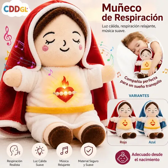 CDDGL® Peluche De Virgen María Que Respiras Calmante Con Música Y Luces, Acompañante De Sueño Musical,Jesús Peluches Para La Ansiedad.4 Modos,suave Dios De Muñeco Para Dormir,regalos Para Niños(Rojo)