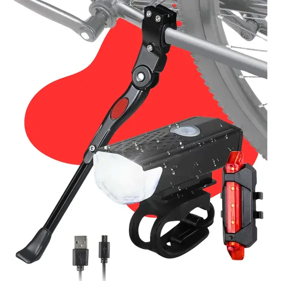 Kit Descanso Lateral Pezinho Ajustável Antiderrapante Bicicleta Aro 20 A 29 + Lanterna E Farol Bike Luz Traseira E Dianteira Iluminação Led Potente Sinalizador Recarregável Usb