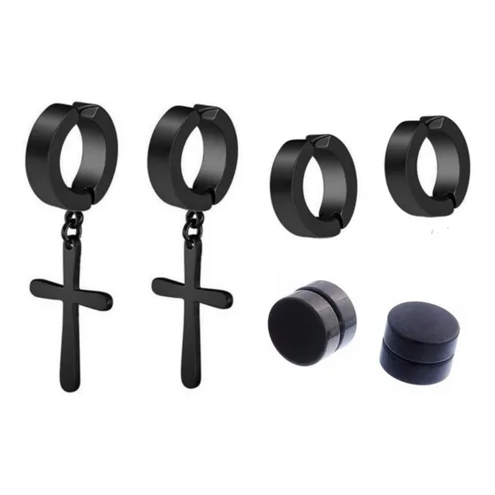 Brinco Masculino Argola Cruz Pressão Kit Com 3 Pares Bts Cor Preto
