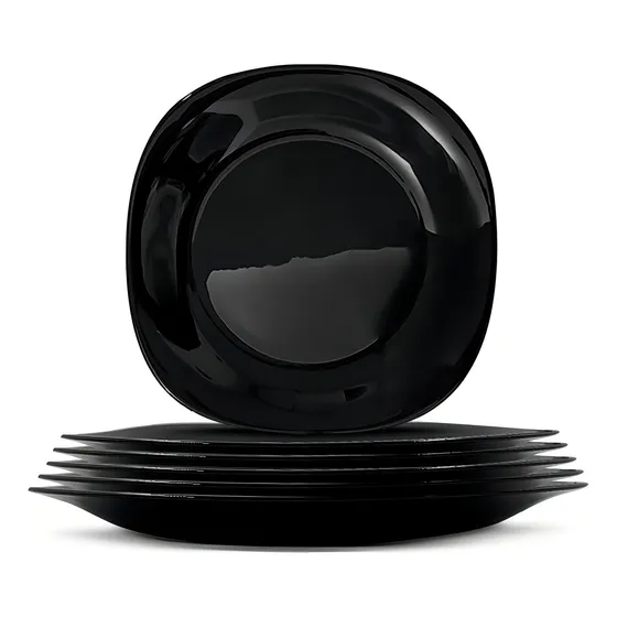 Kit 6 Pratos Vidro Porcelana 28cm Black Preto Grande Jantar Liso Original Line