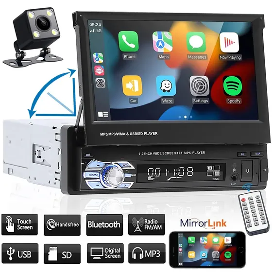 Central Multimídia Retrátil 7'' Mp5 Bt 1din Camera Espelha Carplay Bluetooth Tela Sensível Ao Toque Com Uma Lente Grande