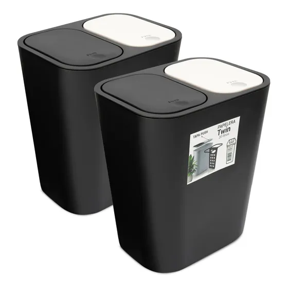 Kit: 2 Papeleras De Basura Doble Compartimiento Sistema Push Color Negro