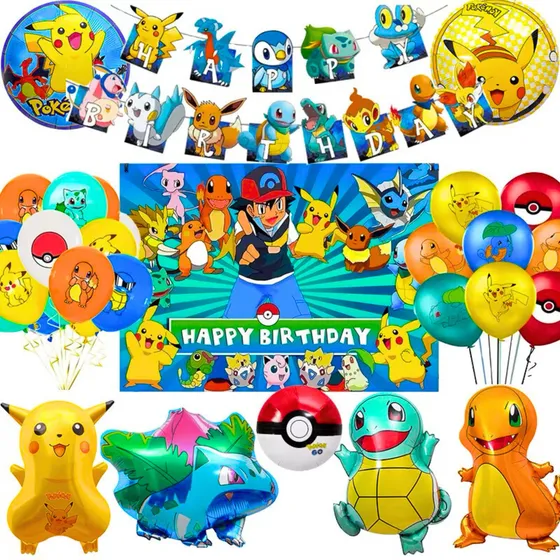 Kit Cotillon Pokemon Cumpleaños Pikachu + Tela De Fondo