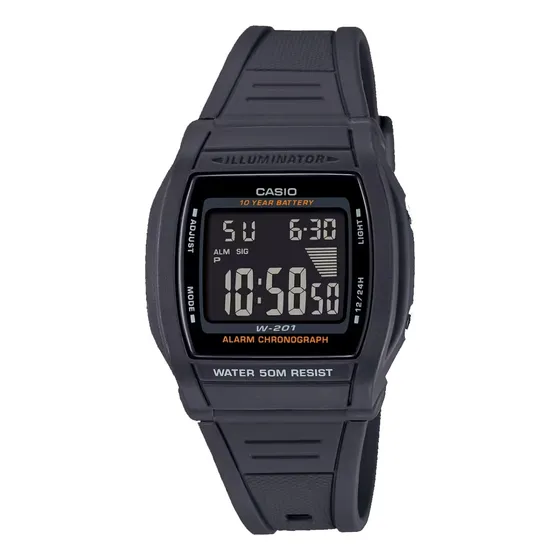 Reloj Casio Illuminator Digital W-201-1bv Unisex E-watch Color De La Correa Negro Color Del Bisel Negro Color Del Fondo Negro